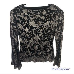 Papell Boutique Evening Blouse Beaded Silver and Black Long Split Sleeves Size S